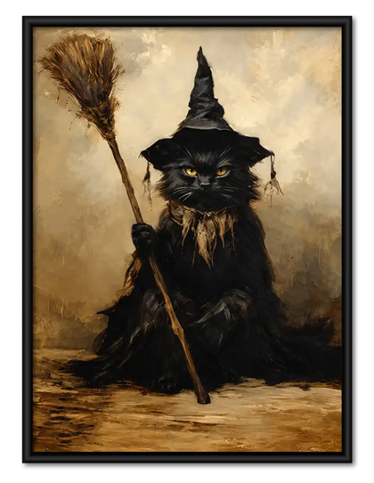 Gothic Witch Cat With Broom Wall Art