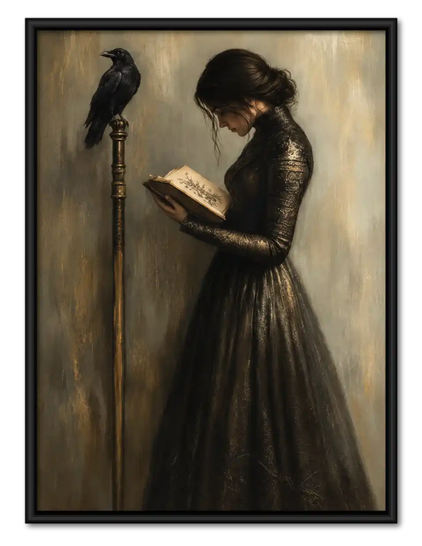 Gothic Woman Reading With Raven Wall Art