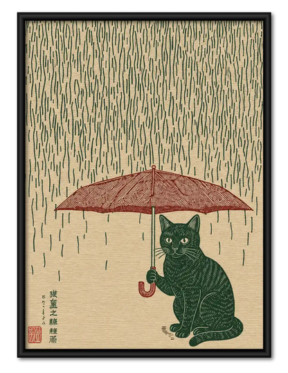 Japanese Cat Under Red Umbrella Wall Art 1