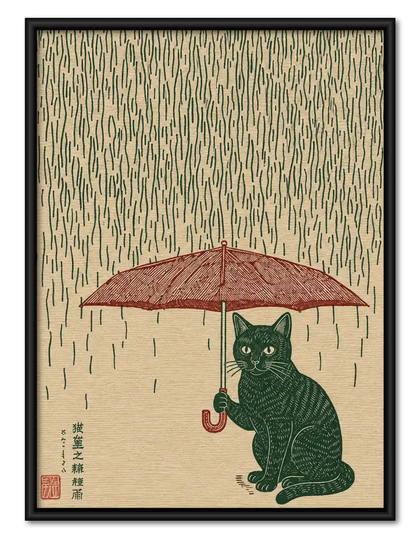 Japanese Cat Under Red Umbrella Wall Art