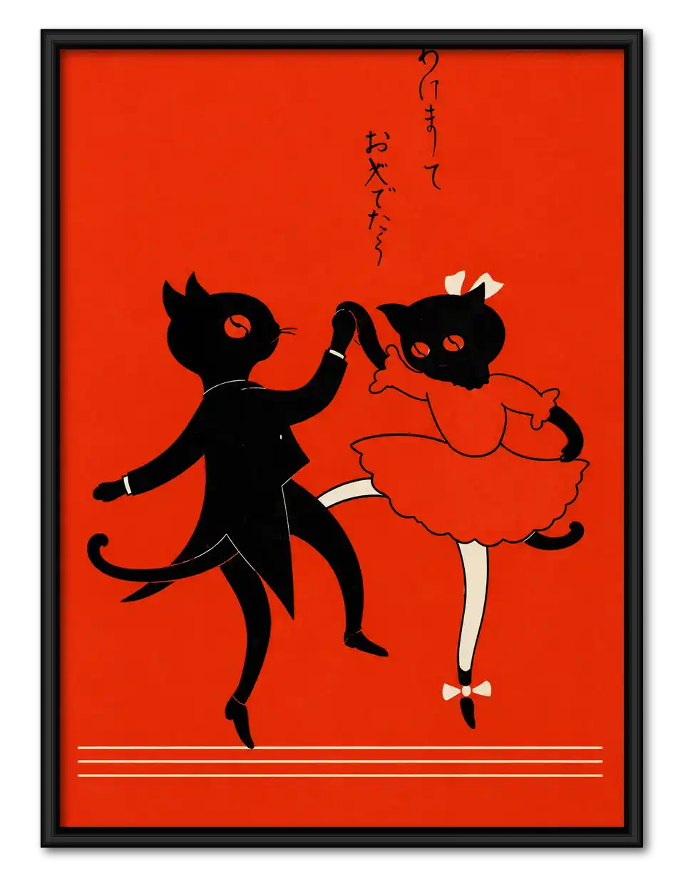 Japanese Dancing Cat Couple Wall Art 1