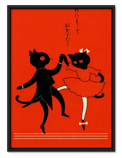 Japanese Dancing Cat Couple Wall Art