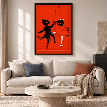 Japanese Dancing Cat Couple Wall Art 2