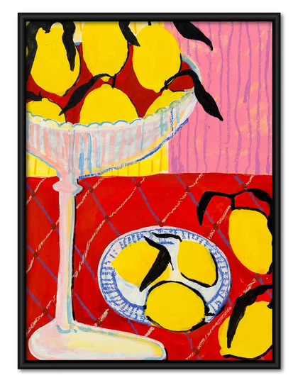 Lemon Still Life With Red Table Wall Art
