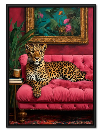 Leopard On Pink Velvet Sofa Wall Art