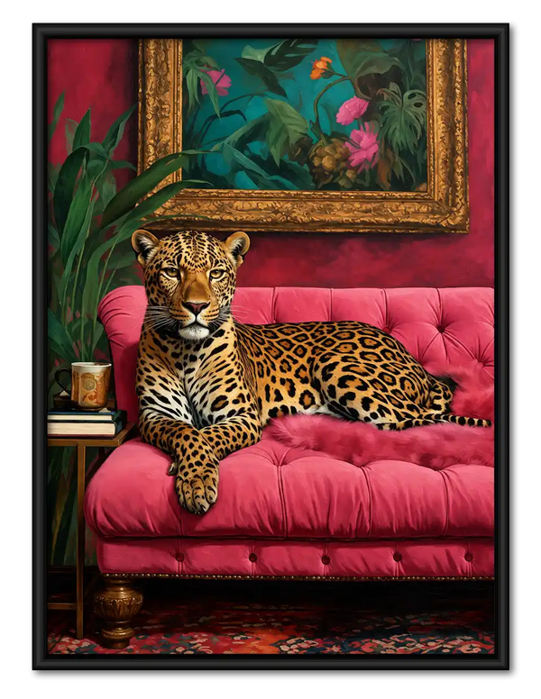 Leopard On Pink Velvet Sofa Wall Art