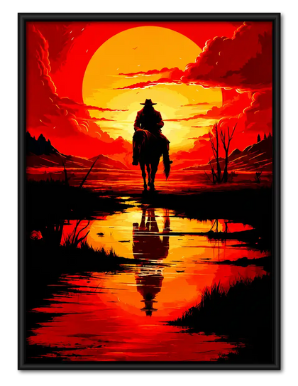 Lone Cowboy Sunset Reflection Wall Art