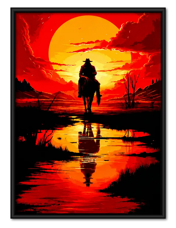 Lone Cowboy Sunset Reflection Wall Art