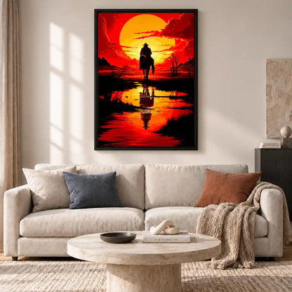 Lone Cowboy Sunset Reflection Wall Art 2