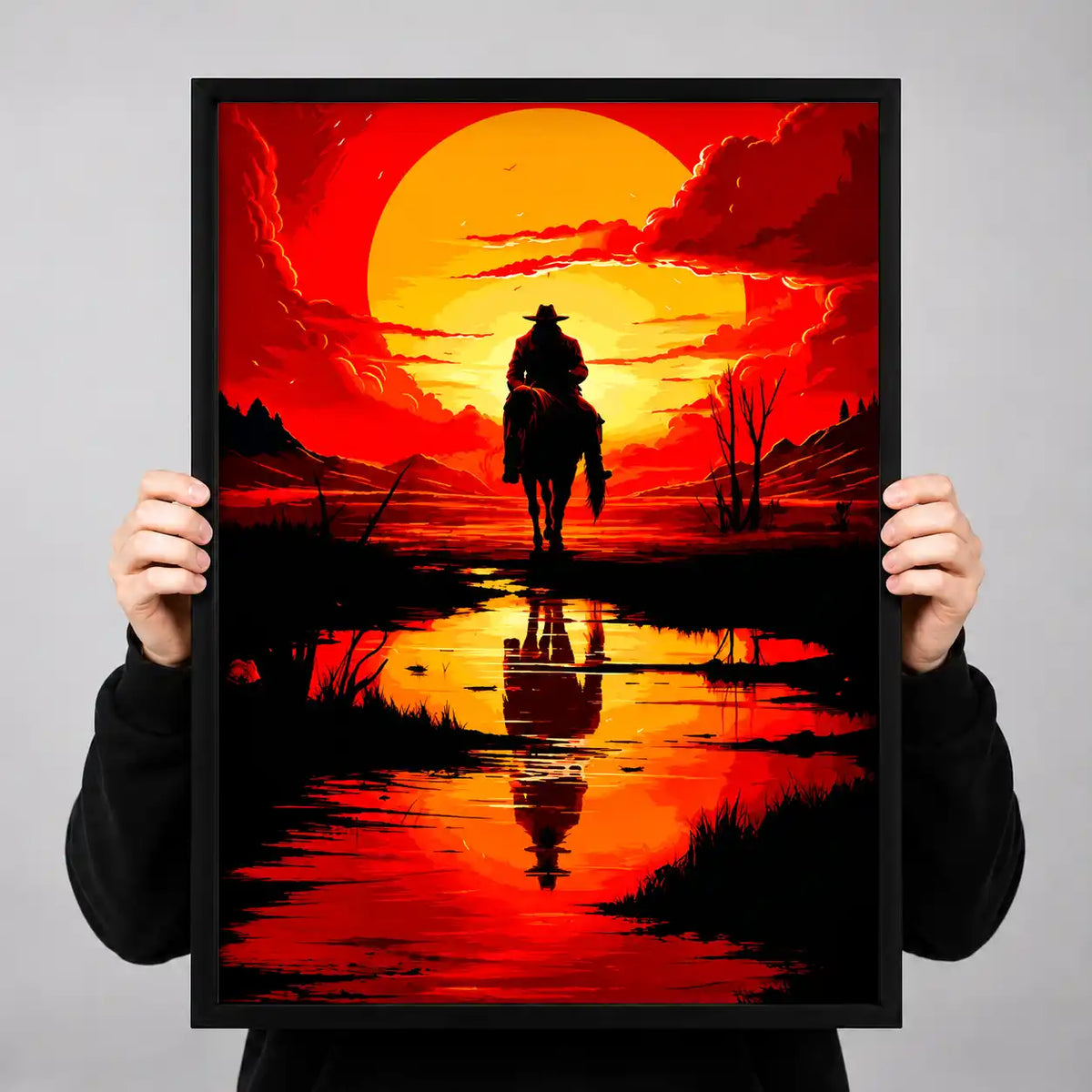 Lone Cowboy Sunset Reflection Wall Art 3