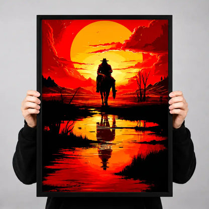 Lone Cowboy Sunset Reflection Wall Art 3