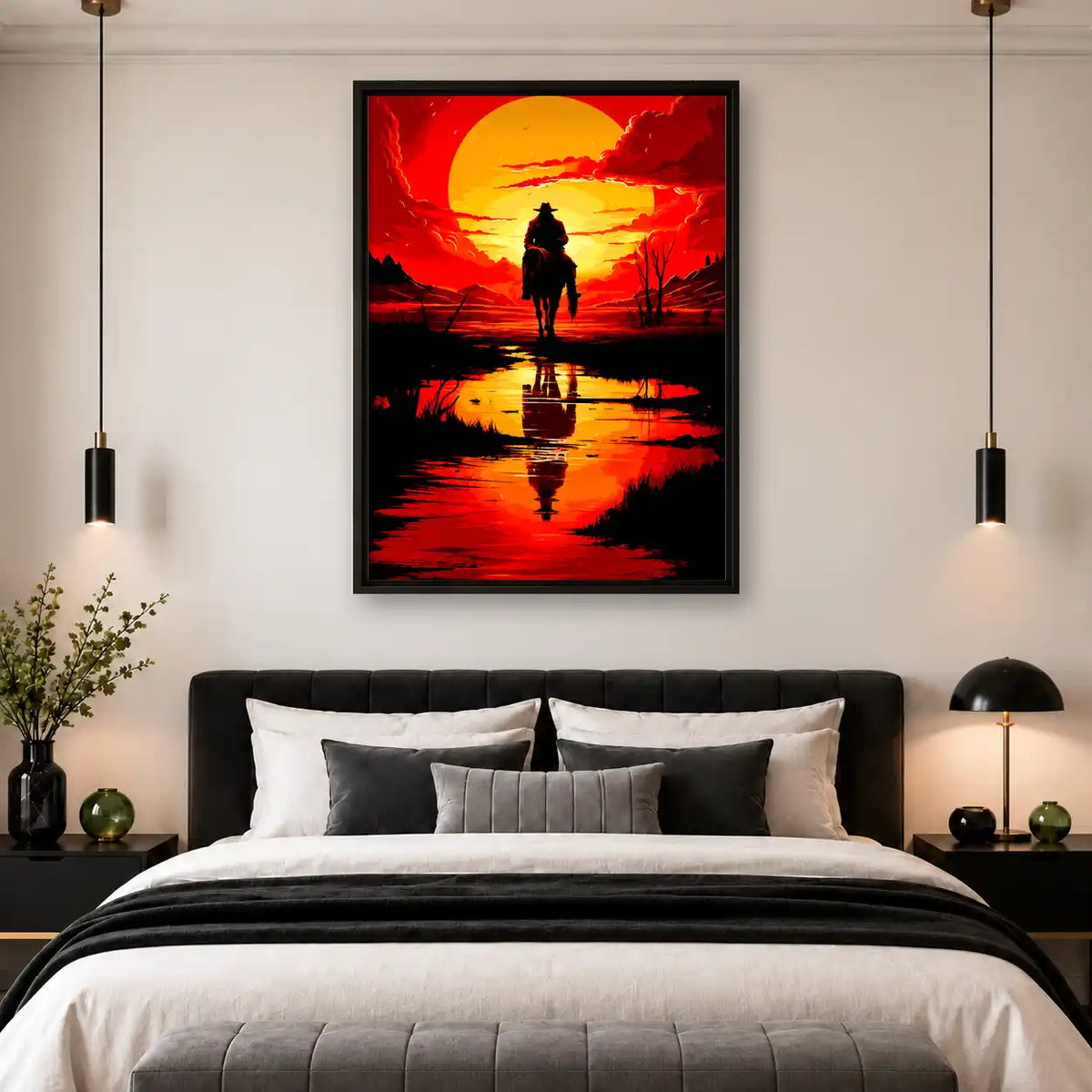 Lone Cowboy Sunset Reflection Wall Art 4