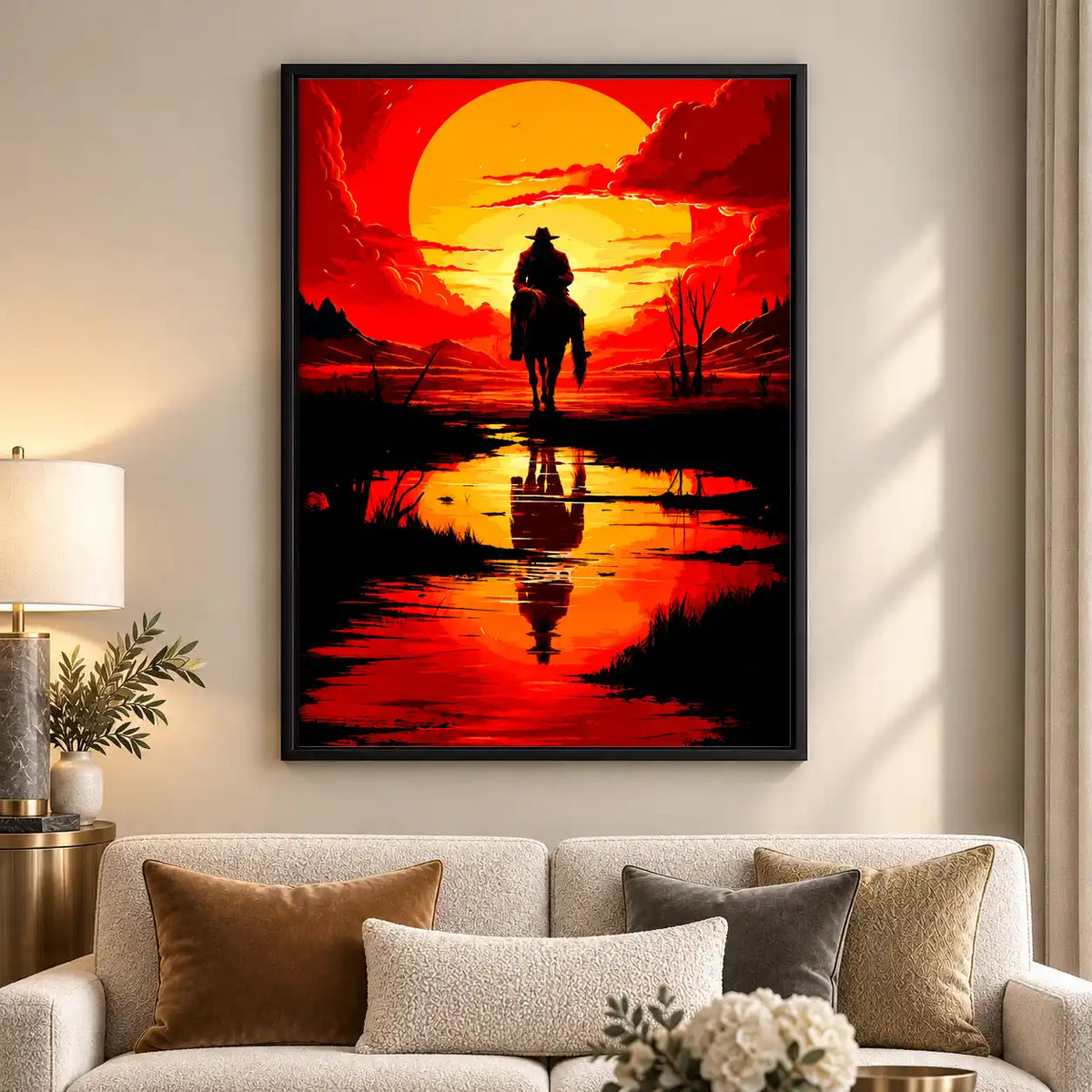Lone Cowboy Sunset Reflection Wall Art 5