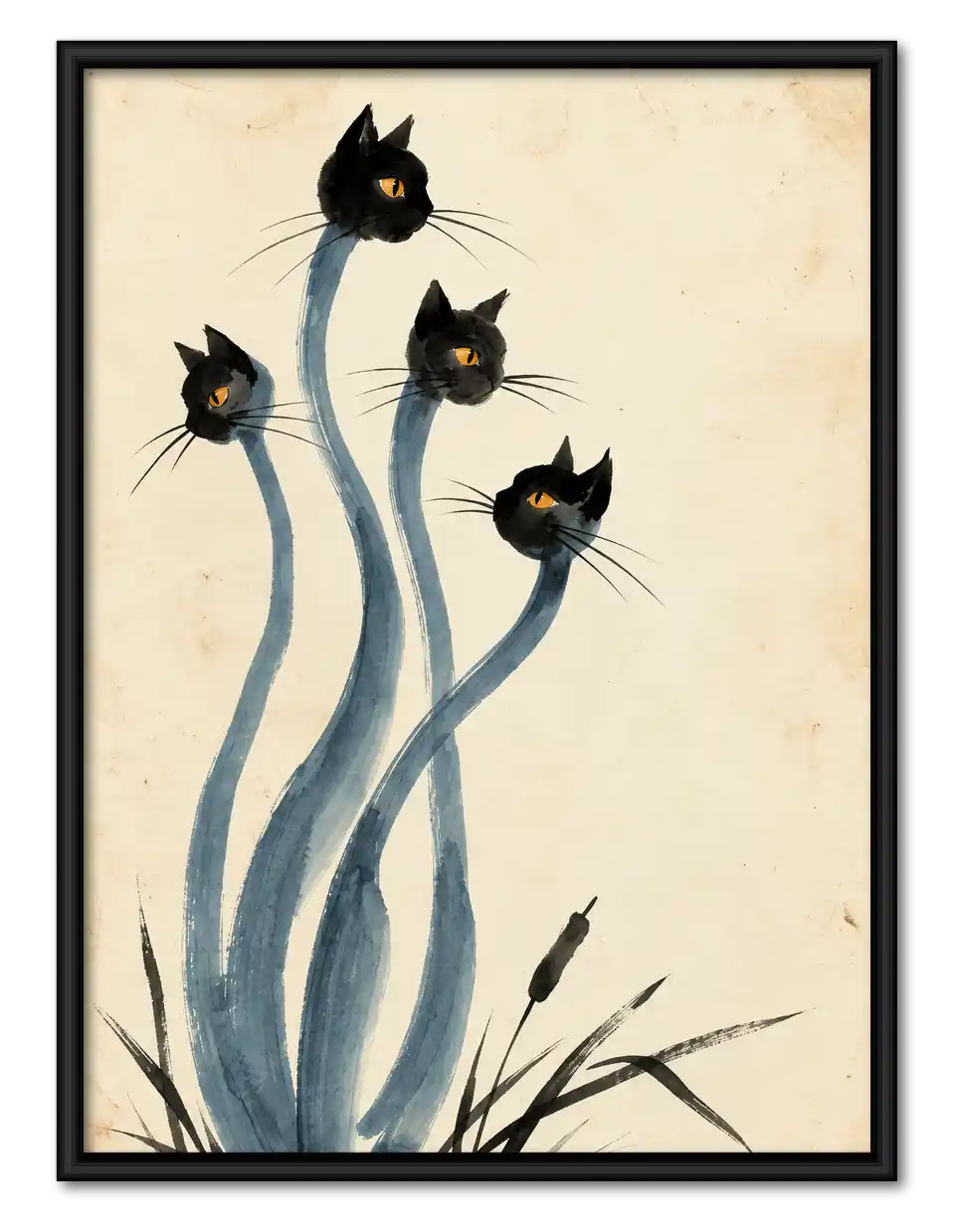 Long Neck Black Cat Quartet Wall Art 1