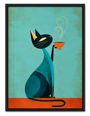 Mid Century Cat Drinking Coffee Wall Art