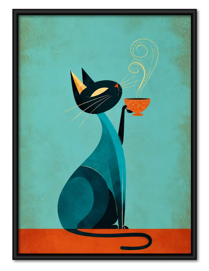 Mid Century Cat Drinking Coffee Wall Art