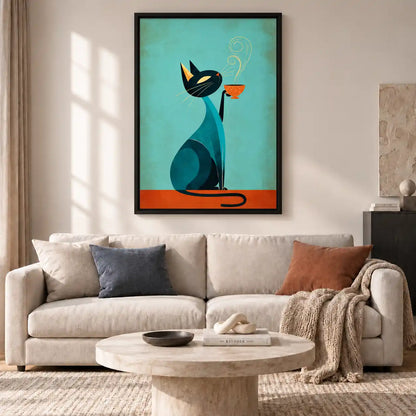 Mid Century Cat Drinking Coffee Wall Art 2