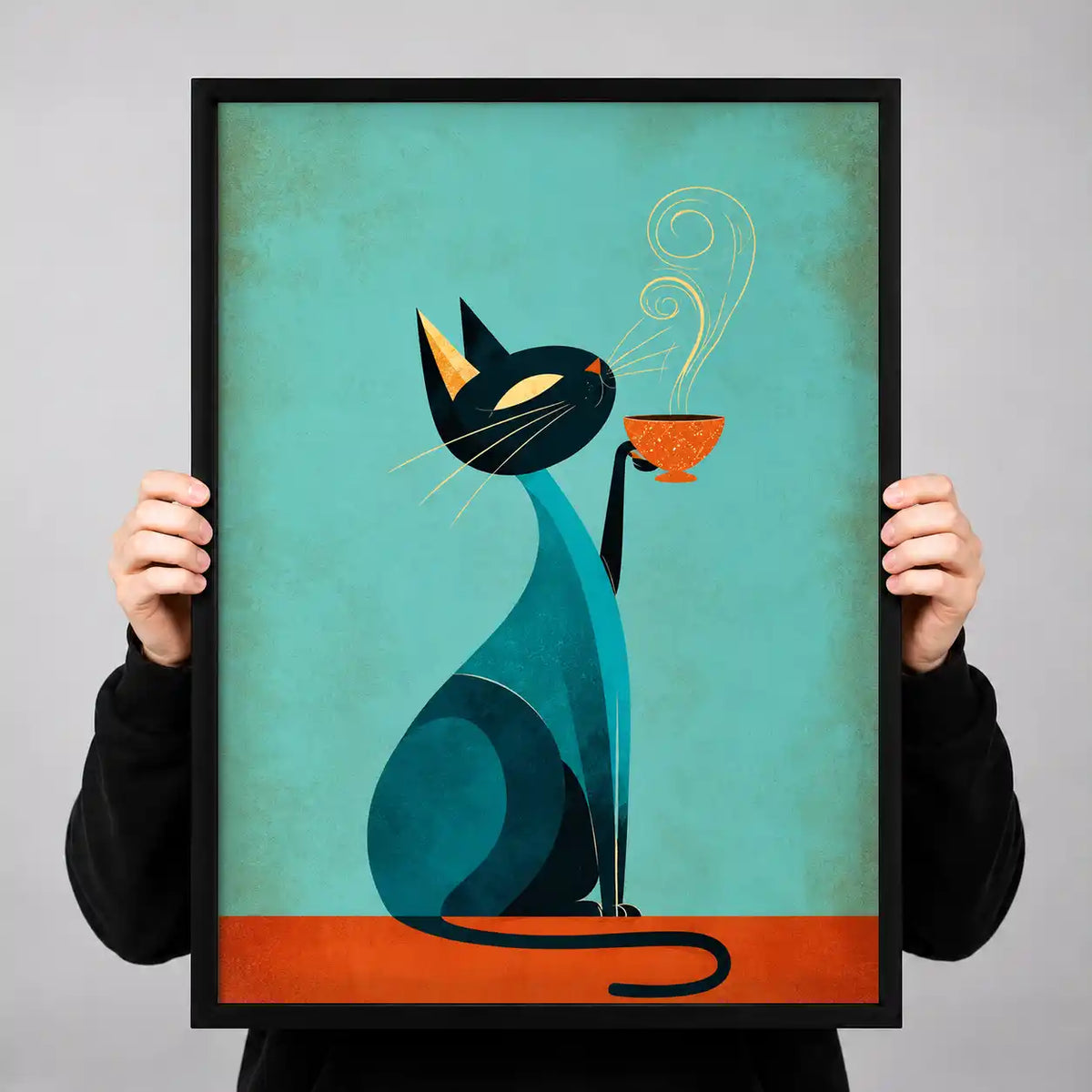 Mid Century Cat Drinking Coffee Wall Art 3
