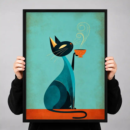 Mid Century Cat Drinking Coffee Wall Art 3