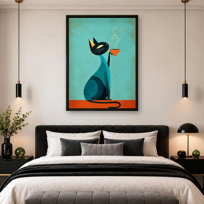 Mid Century Cat Drinking Coffee Wall Art 4