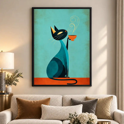 Mid Century Cat Drinking Coffee Wall Art 5