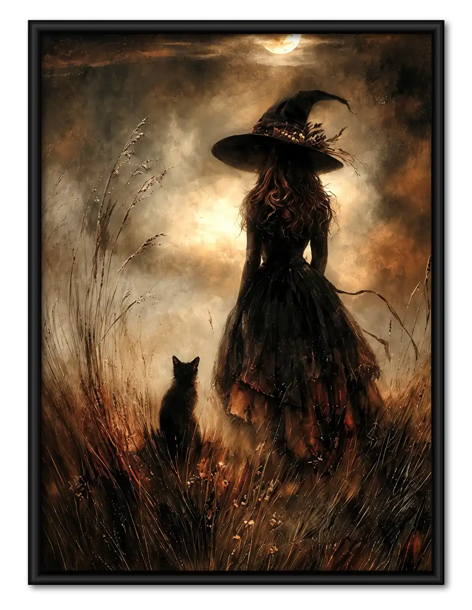 Moonlit Witch With Black Cat Wall Art 1