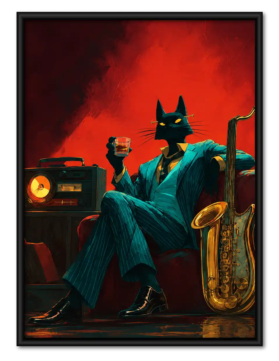 Noir Jazz Cat With Saxophone Wall Art 1