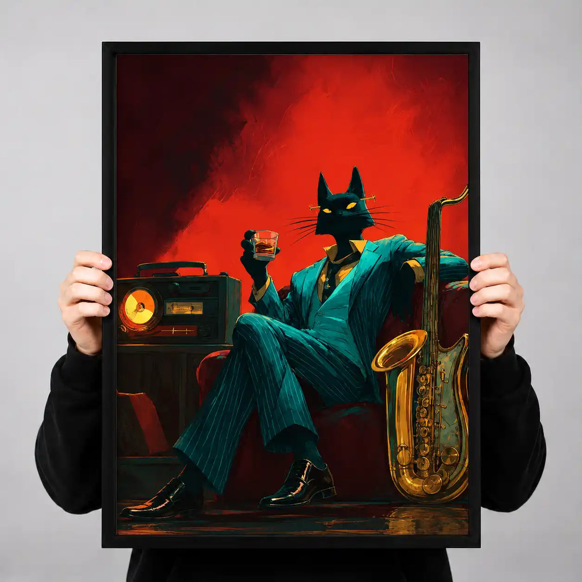 Noir Jazz Cat With Saxophone Wall Art 3