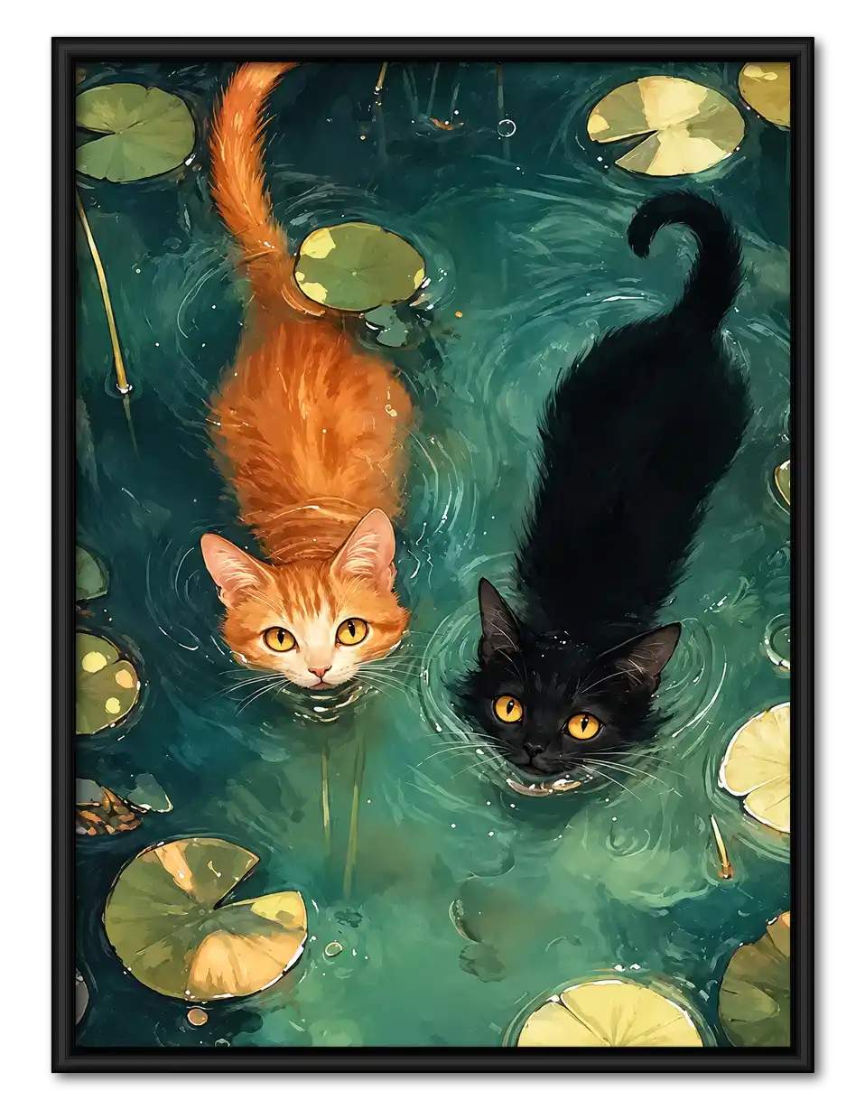 Orange And Black Cats Swimming Wall Art 1