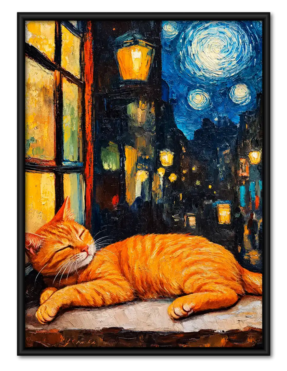 Orange Cat Sleeping Under Starry Sky Wall Art