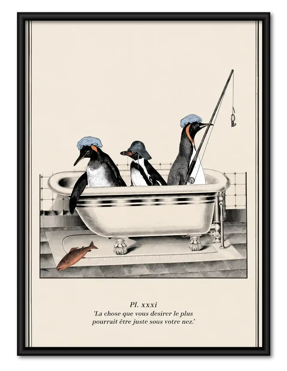 Penguins Fishing In Bathtub Wall Art 1