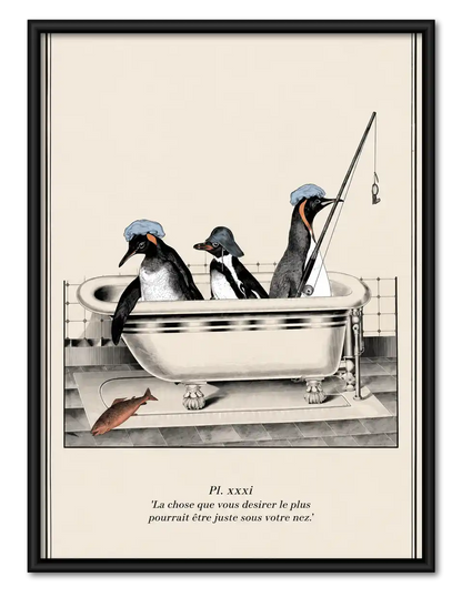 Penguins Fishing In Bathtub Wall Art 1