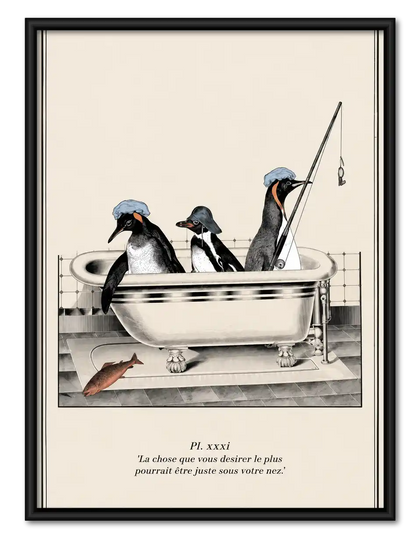 Penguins Fishing In Bathtub Wall Art