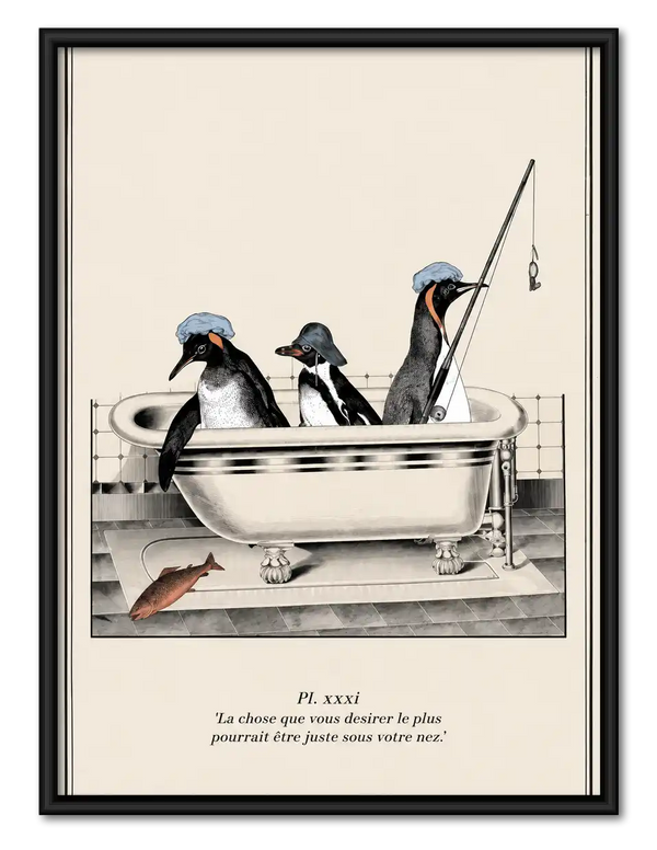 Penguins Fishing In Bathtub Wall Art
