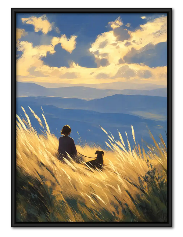 Person And Dog In Golden Meadow Wall Art