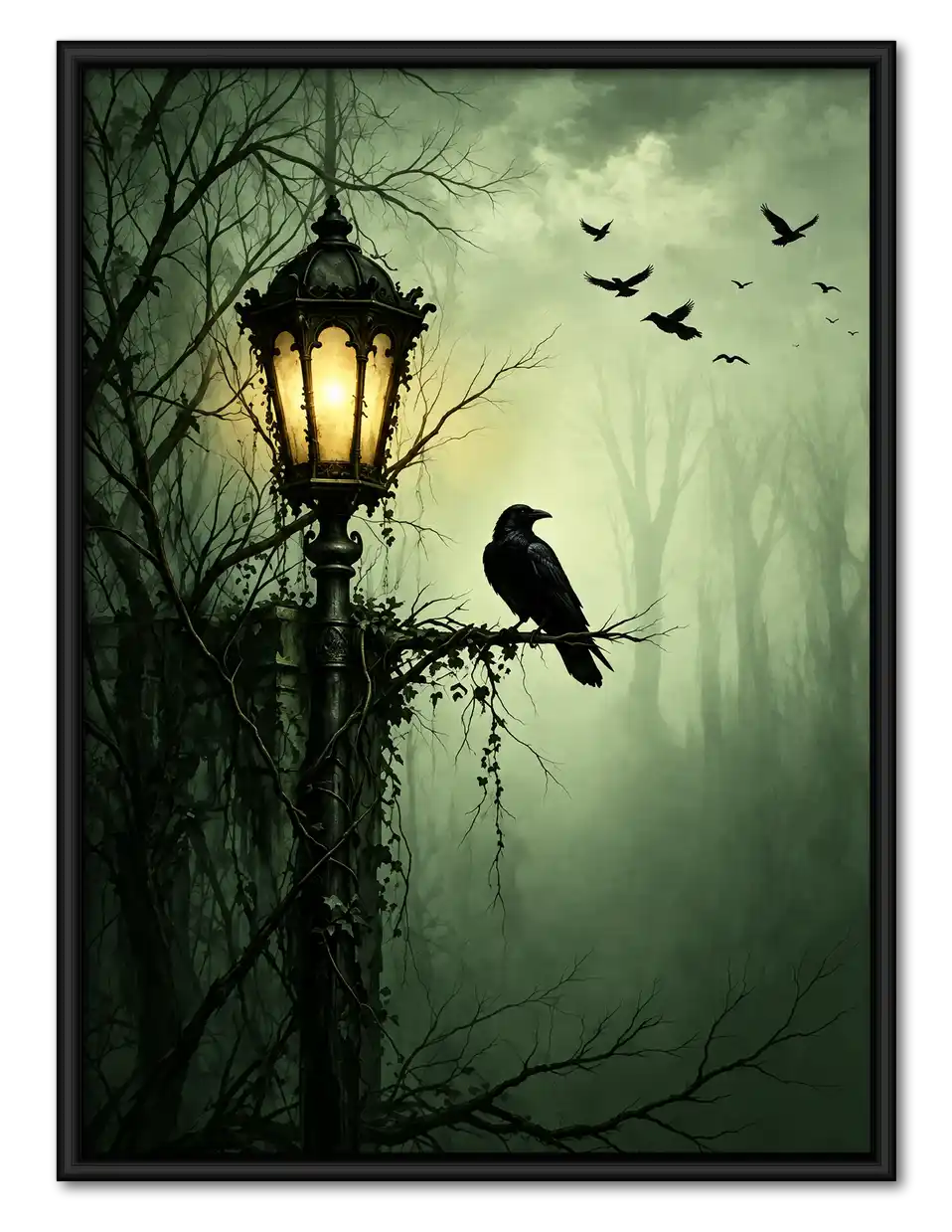 Raven On Haunted Street Lamp Wall Art 1