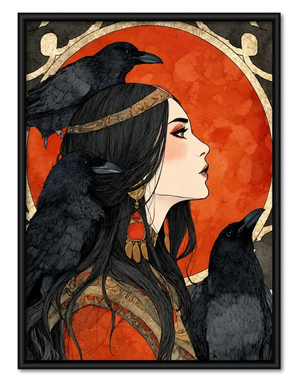 Raven Woman Under Red Moon Wall Art