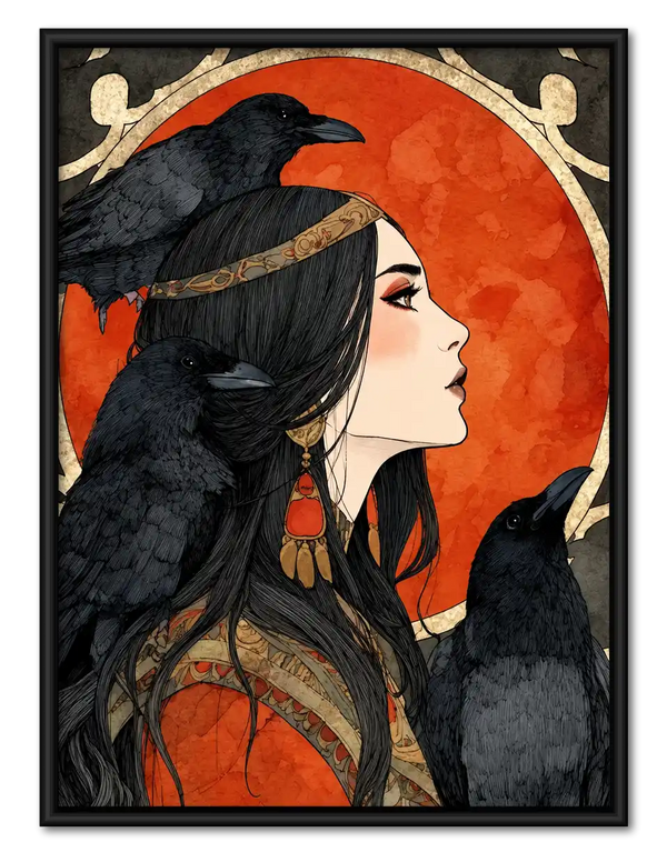 Raven Woman Under Red Moon Wall Art