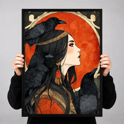 Raven Woman Under Red Moon Wall Art 3