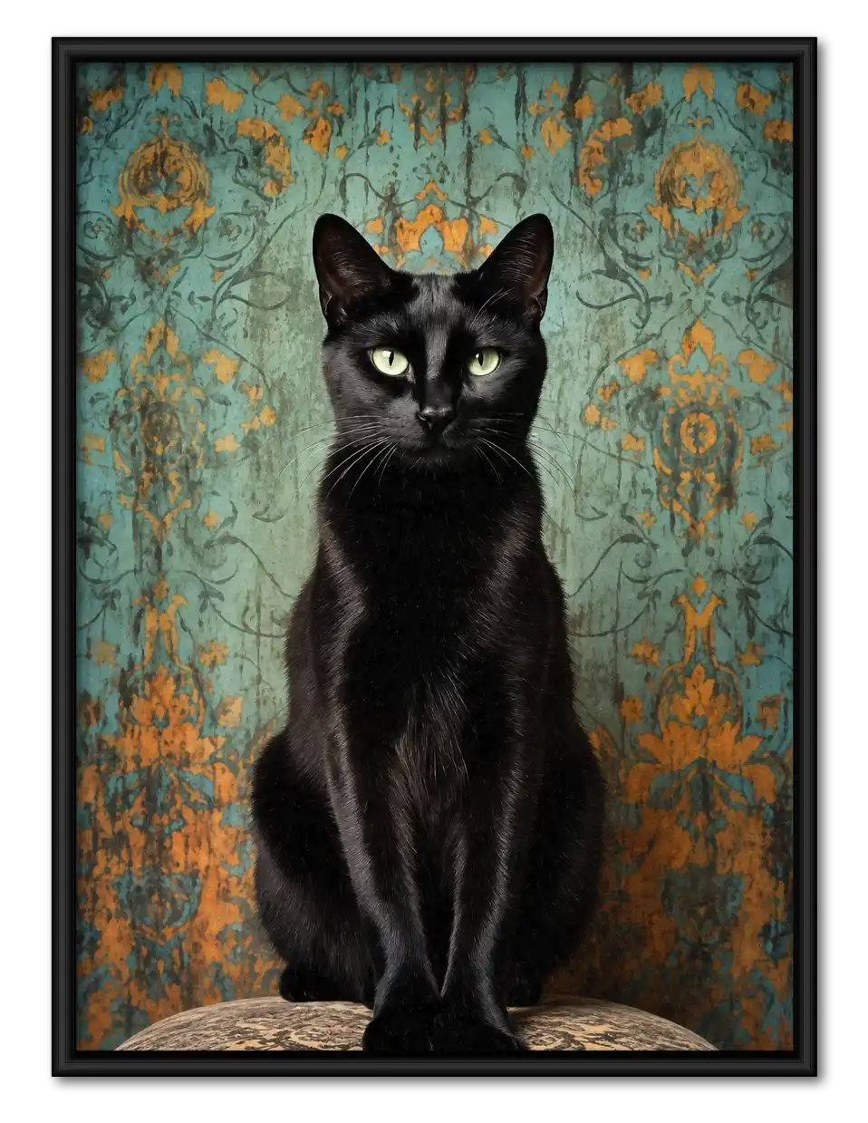 Regal Black Cat Damask Portrait Wall Art 1