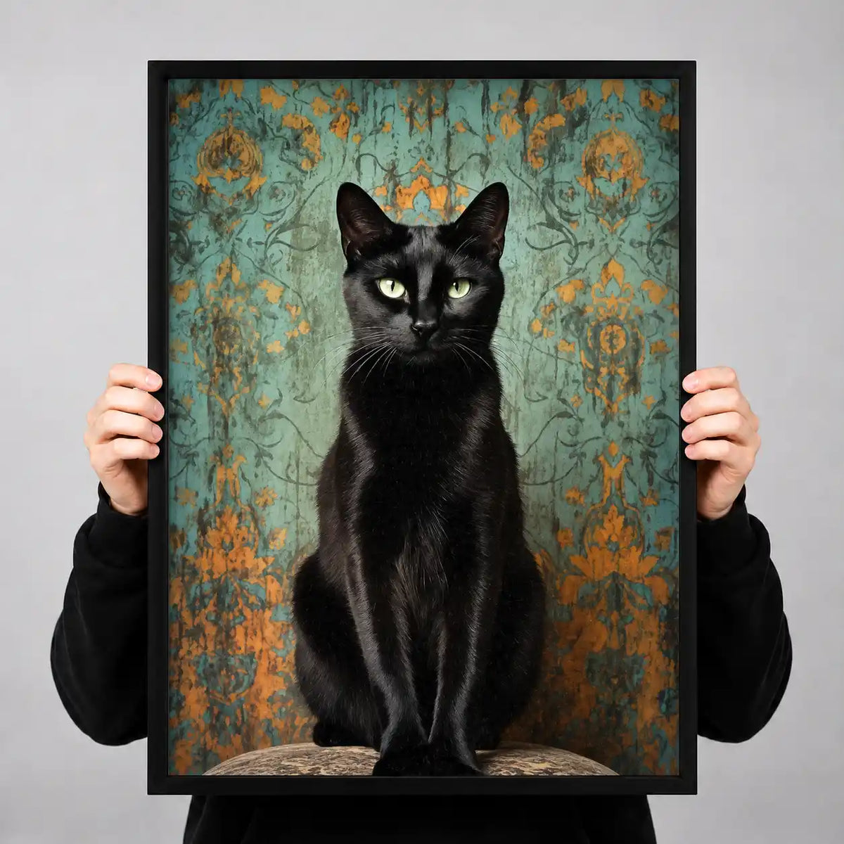 Regal Black Cat Damask Portrait Wall Art 3