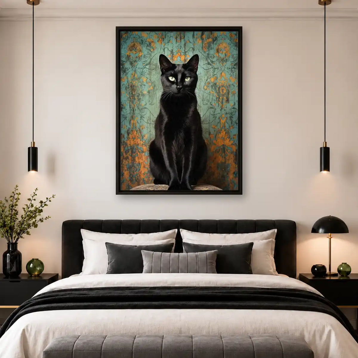 Regal Black Cat Damask Portrait Wall Art 4