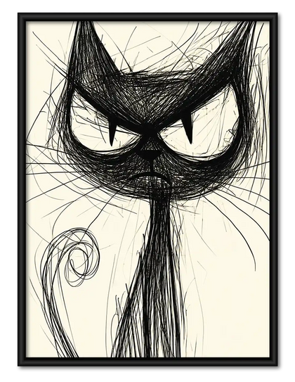 Scribbled Grumpy Black Cat Wall Art