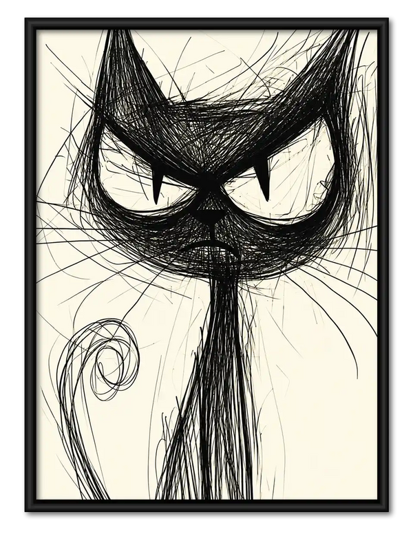 Scribbled Grumpy Black Cat Wall Art