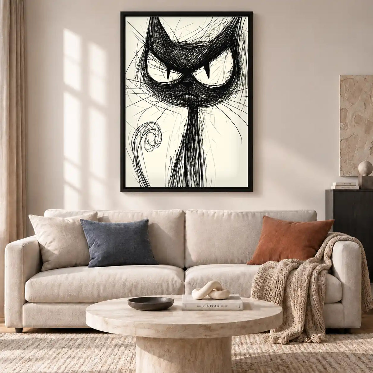 Scribbled Grumpy Black Cat Wall Art 2