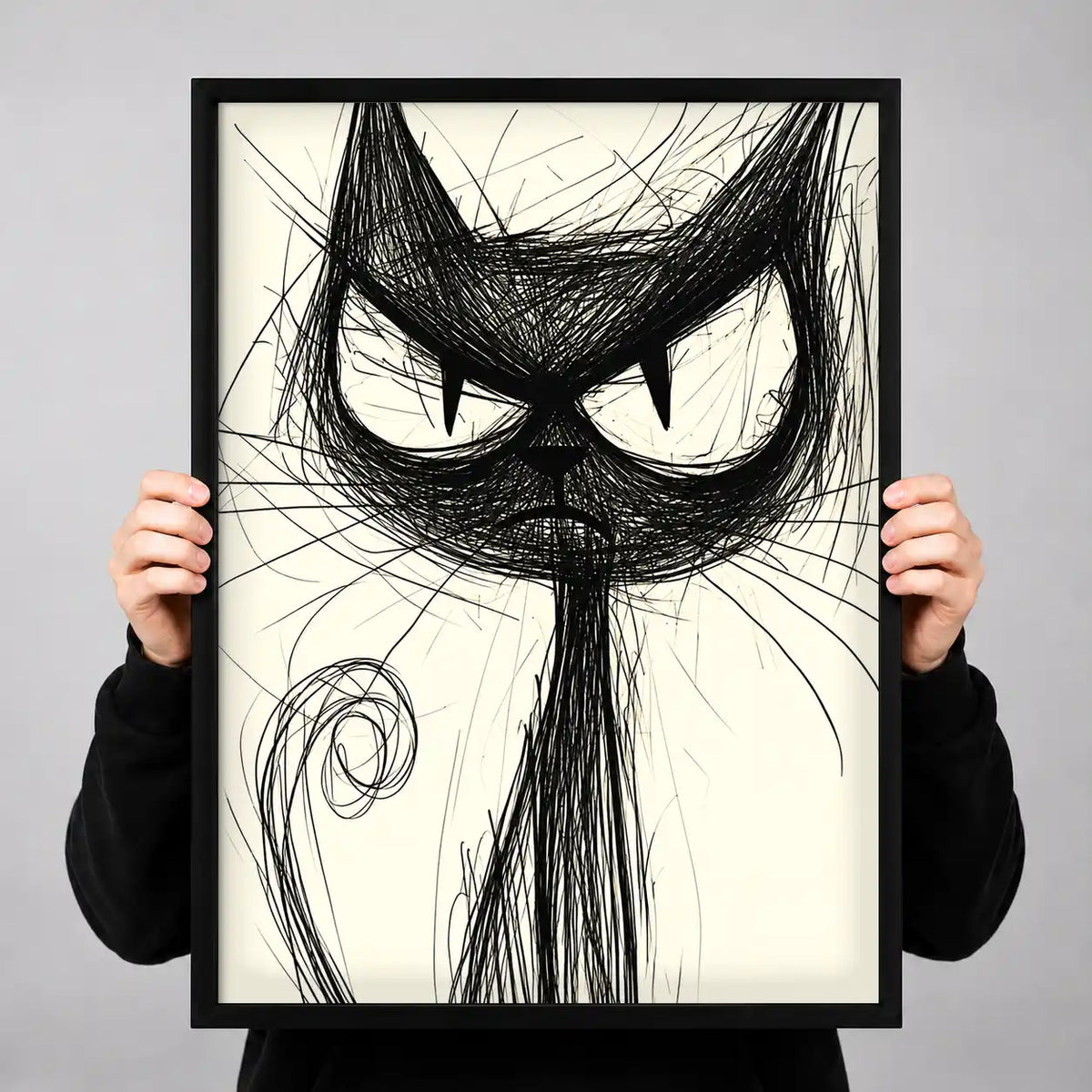 Scribbled Grumpy Black Cat Wall Art 3