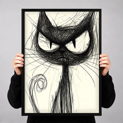Scribbled Grumpy Black Cat Wall Art 3