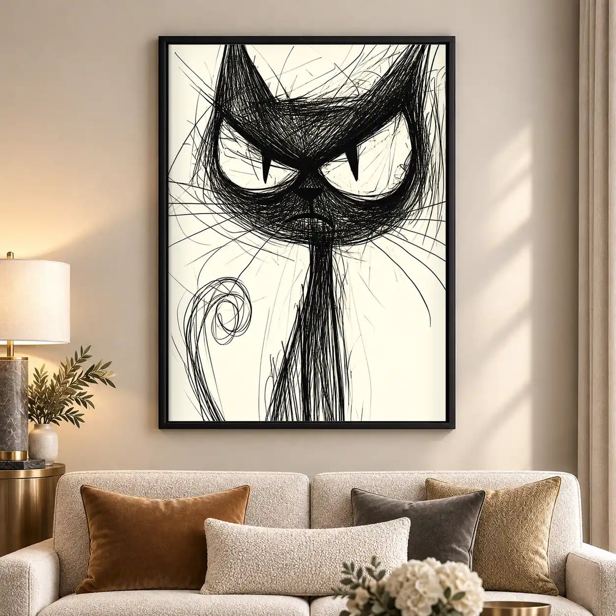 Scribbled Grumpy Black Cat Wall Art 5