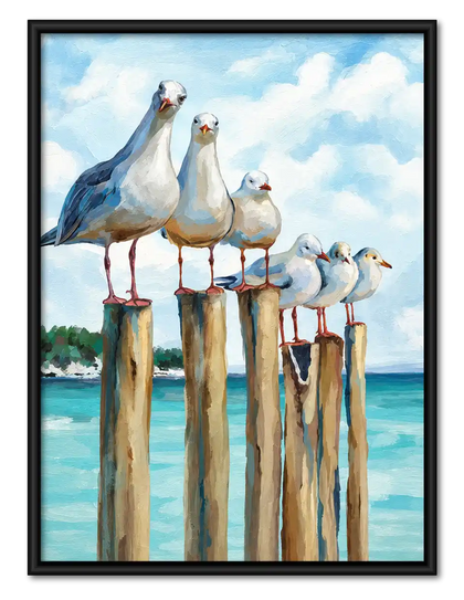 Seagulls Perched On Pier Wall Art