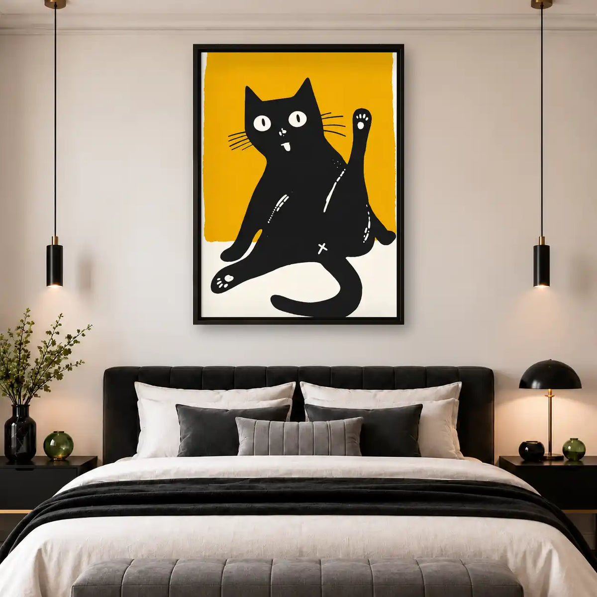 Silly Black Cat Waving Wall Art 4